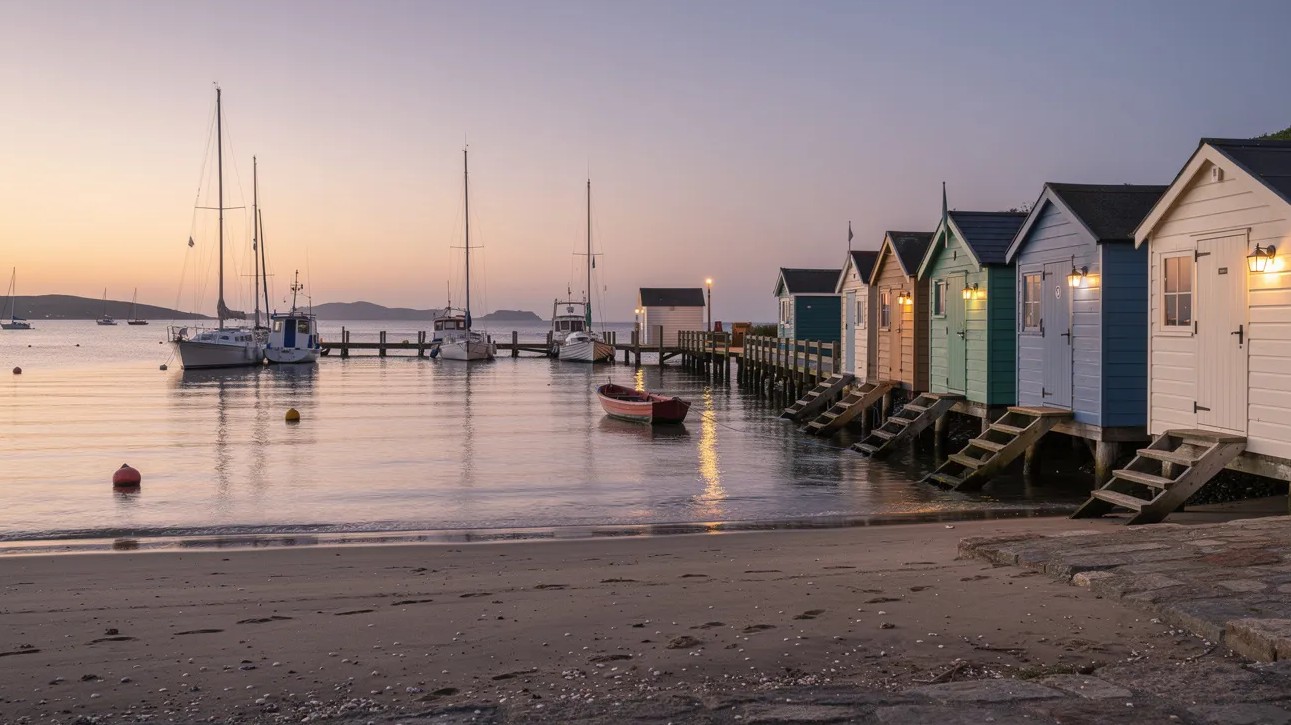 A tranquil coastal harbour featuring several boats docked alongside colorful beach huts, all under a serene evening sky. This picturesque scene highlights the outstanding natural beauty of the area, perfect for those seeking a holiday home or a cosy cottage getaway.