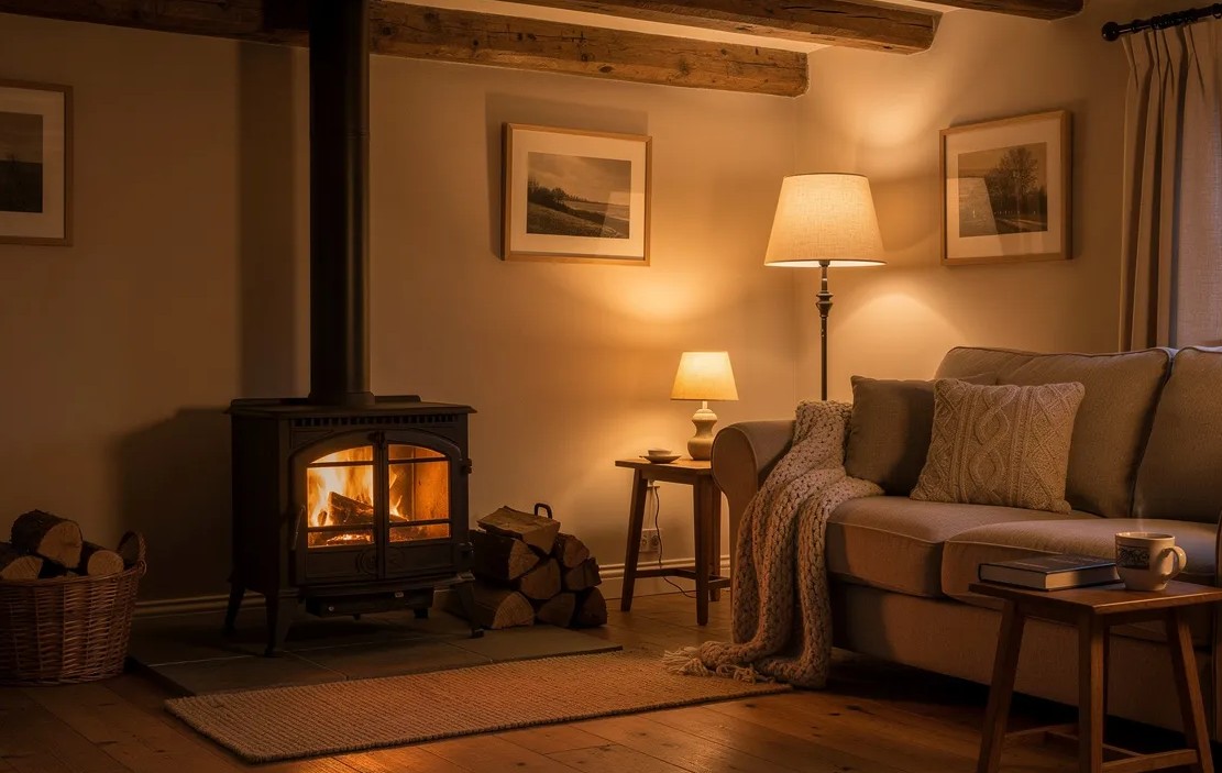 A cosy cottage living room featuring a wood-burning stove, a comfortable sofa, and soft lighting, creating a warm and inviting atmosphere. This beautifully presented character cottage is perfect for a relaxing holiday home, offering a homely feel in a picturesque setting.